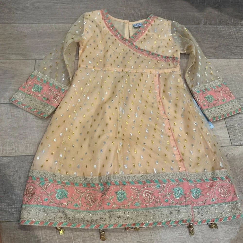 Girls Peach Traditional Embroidered Dress W/ Sheer Sleeves & Gold Detailing Size